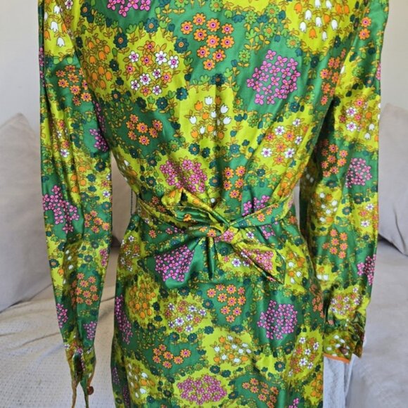 Vtg 60s Mod Mini Dress Psychedelic Floral Belted Button Front Youthquake Collar - Picture 6 of 11